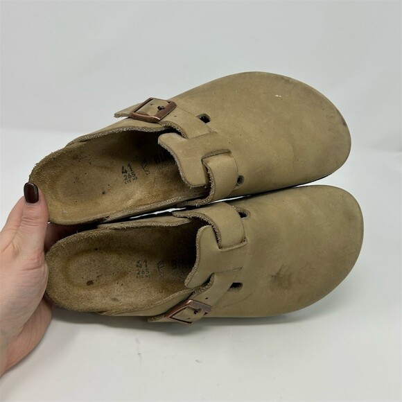 Birkenstock Boston Clog Beige Tan Leather Slip-On Soft Footbed EU 41 Comfort - Picture 12 of 13